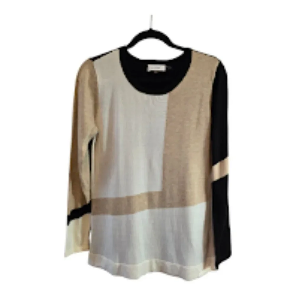 CALVIN KLEIN COLOR BLOCK SWEATER SIZE MEDIUM SWEATER LONG SLEEVE BLACK TAN IVORY - Picture 1 of 7